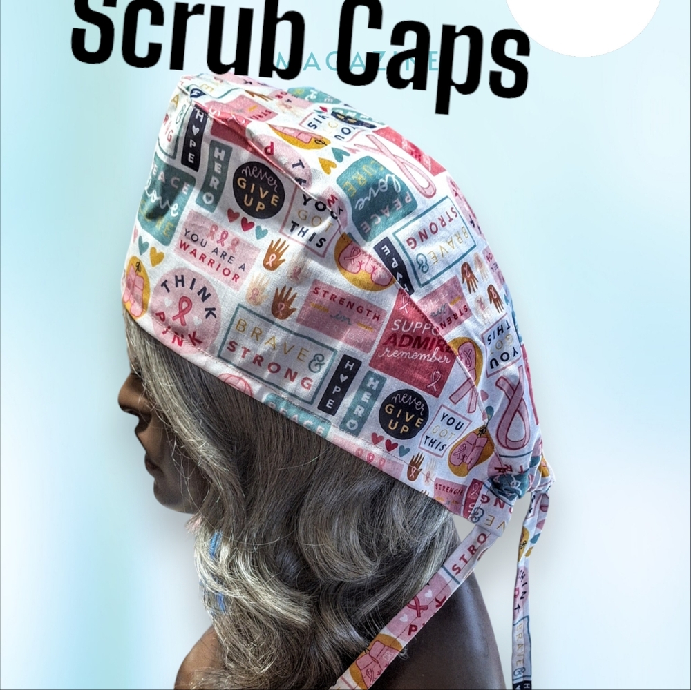 Scrub caps with placement buttons